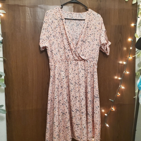 Pink Floral Faux Wrap Dress - Picture 1 of 8